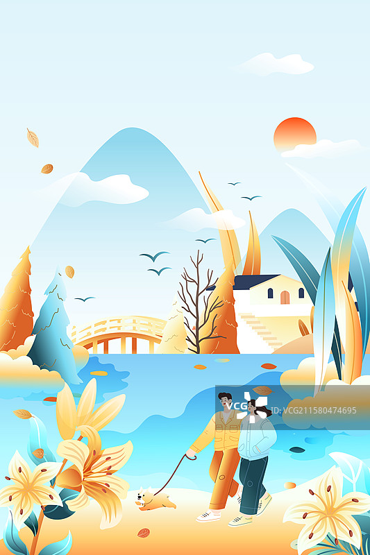 卡通秋季秋天立秋白露节气秋分家人亲子老人情侣学生旅游秋游仙鹤自然风景古建筑渐变中国风国潮渐变矢量插画图片素材