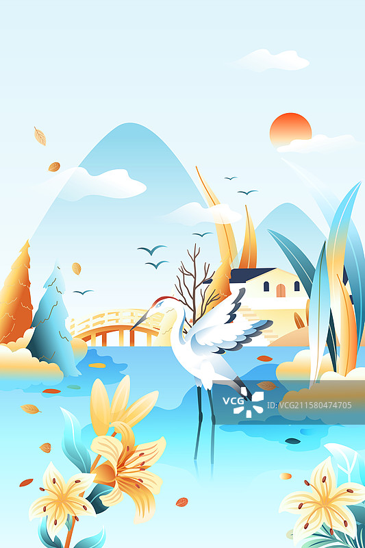 卡通秋季秋天立秋白露节气秋分家人亲子老人情侣学生旅游秋游仙鹤自然风景古建筑渐变中国风国潮渐变矢量插画图片素材