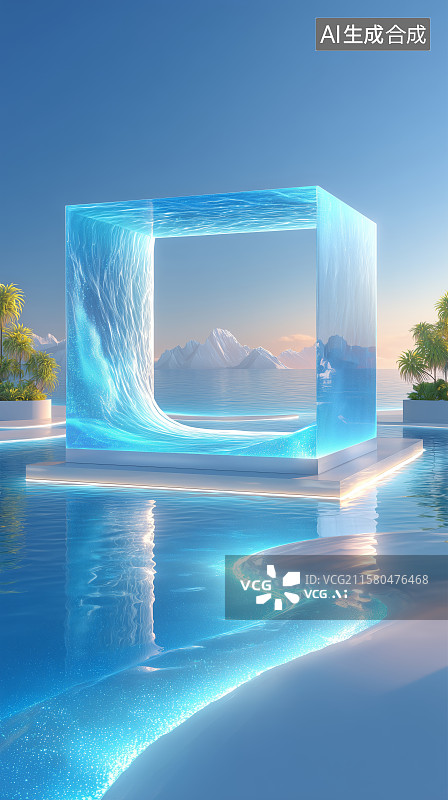 【AI数字艺术】蓝光立方体映射山川夜景图片素材