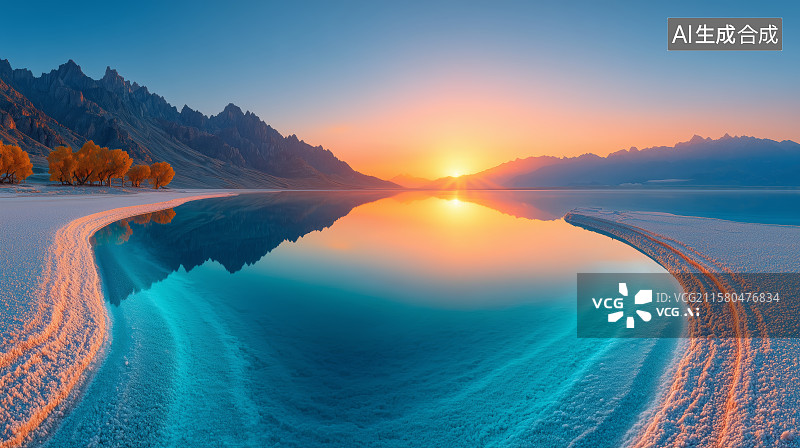 【AI数字艺术】湖畔日落山影倒映图片素材
