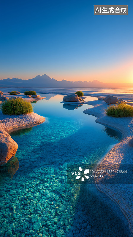 【AI数字艺术】湖畔日落山影倒映图片素材