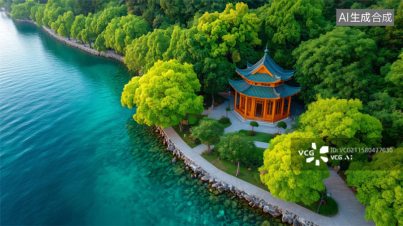 【AI数字艺术】湖畔亭台绿树环绕图片素材