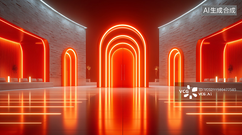 【AI数字艺术】霓虹灯走廊的未来科技场景图片素材
