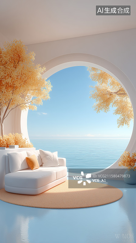【AI数字艺术】圆形窗前的现代简约室内设计图片素材