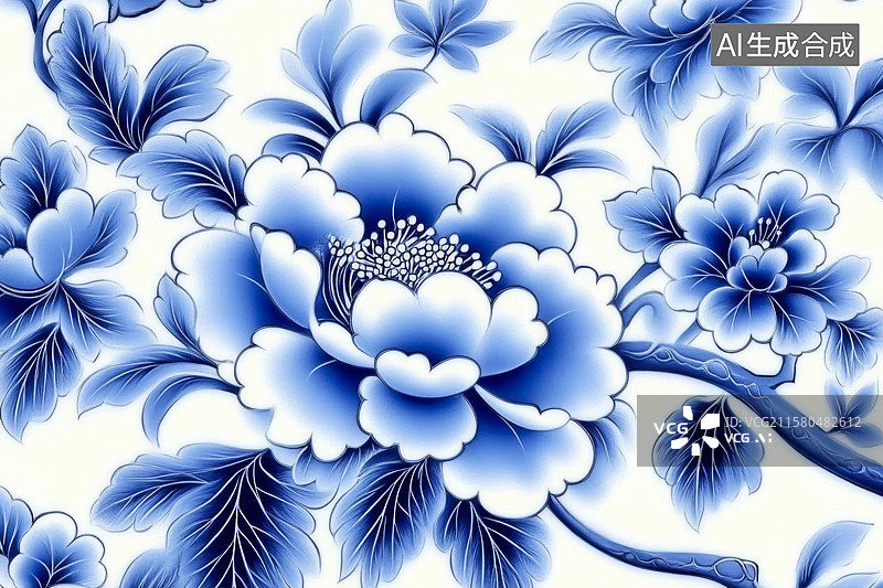 【AI数字艺术】青花牡丹瓷器装饰场景图片素材
