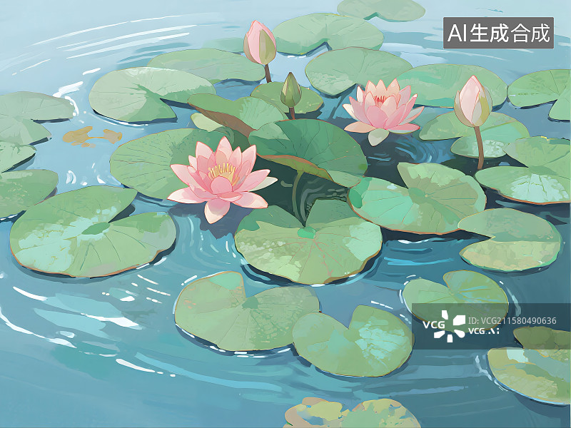 【AI数字艺术】夏日荷塘荷花荷叶高视角图图片素材