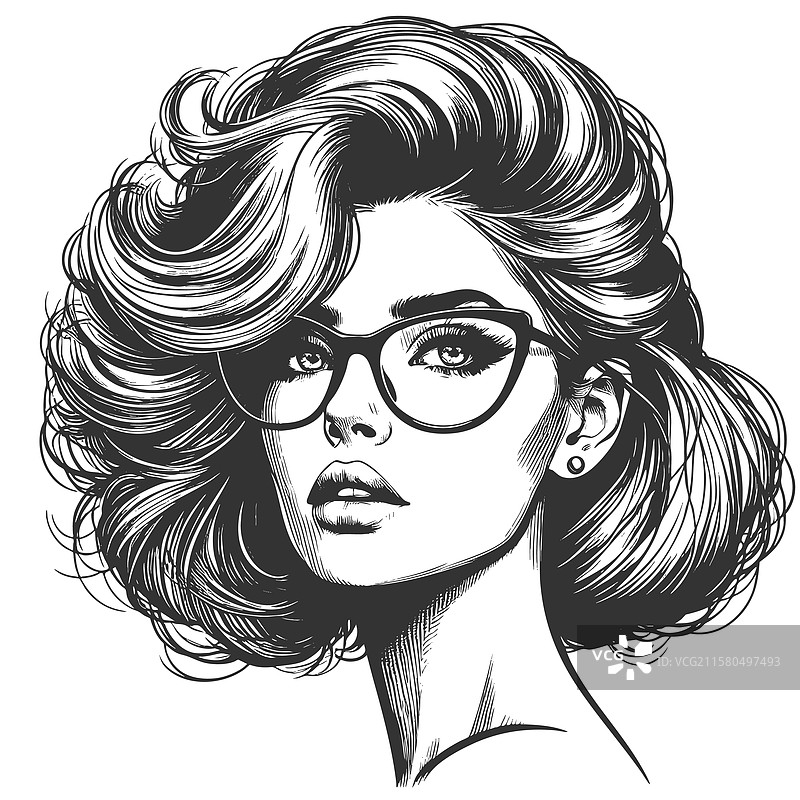 佩戴眼镜的女性与丰盈的头发雕刻图片素材
