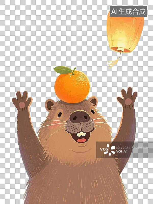 【AI数字艺术】中国风手绘插画，孔明灯和可爱卡通水豚，卡皮巴拉，水豚，天灯，许愿，中秋节，八月十五免抠元素图片素材