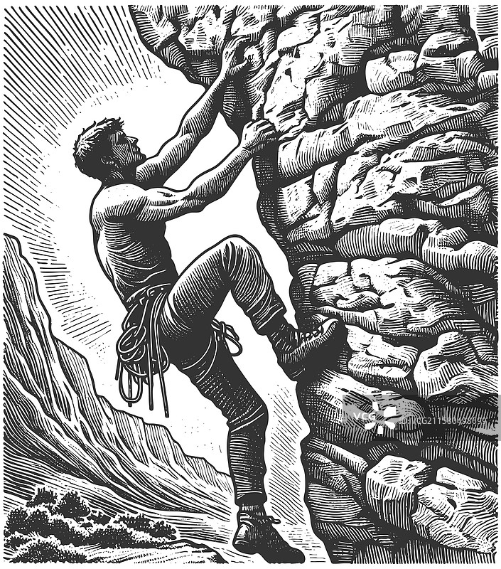 男子在陡峭的悬崖上攀岩图片素材