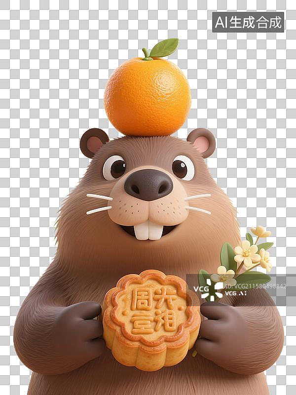 【AI数字艺术】3D渲染卡通动物，卡皮巴拉吃月饼，中秋节，水豚，卡皮巴拉，免抠元素图片素材
