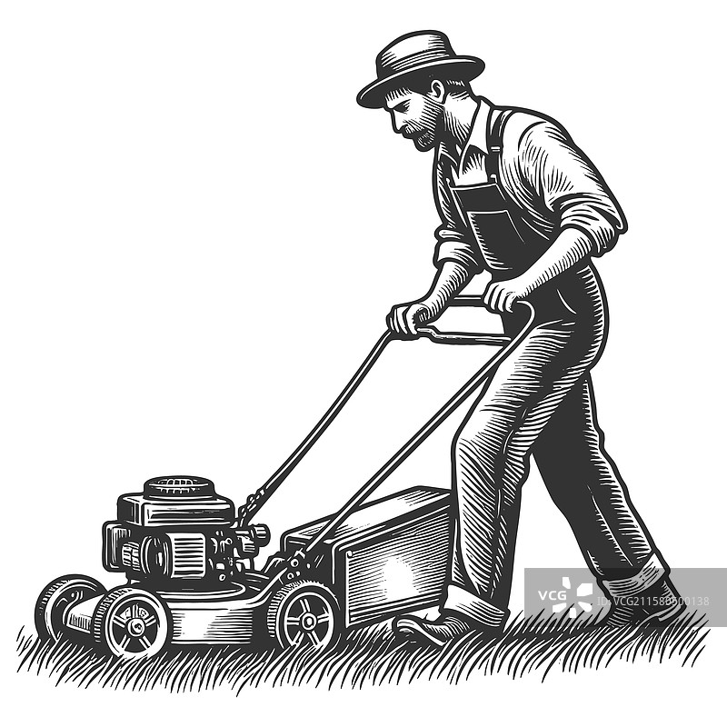 男人用推草机修剪草坪图片素材