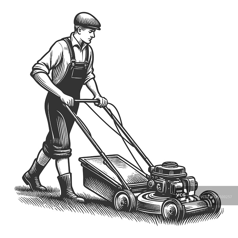 男人用推草机修剪草坪图片素材