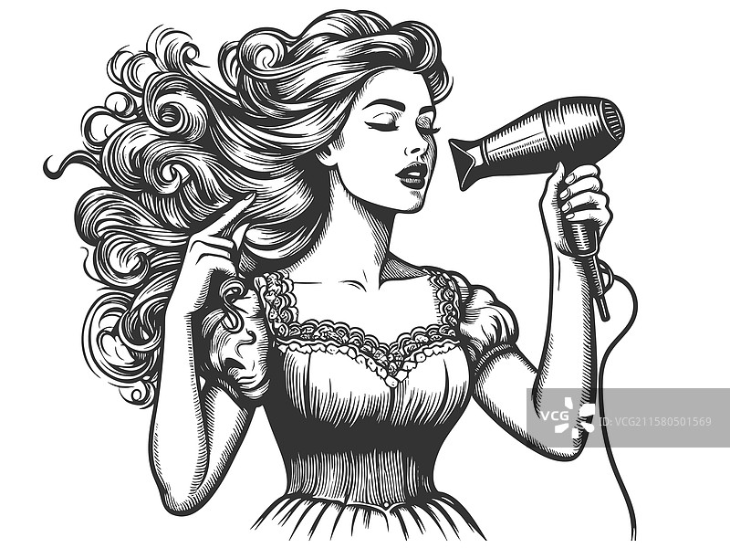 女人用吹风机吹干头发图片素材