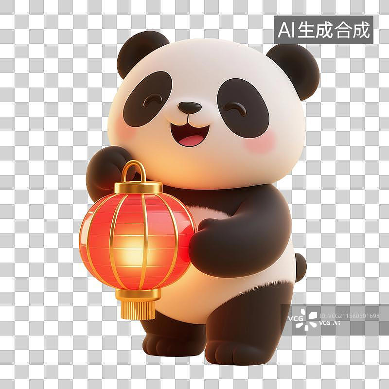 【AI数字艺术】3D渲染，拿着红色灯笼的可爱卡通大熊猫，熊猫，国宝，春节，新年，国庆节，中秋节，元宵节，免抠元素图片素材