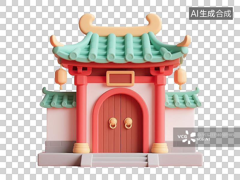 【AI数字艺术】3D渲染，中式古建筑，门楼，大门，国庆节，中秋节，春节，新年，传统节日，免抠元素图片素材