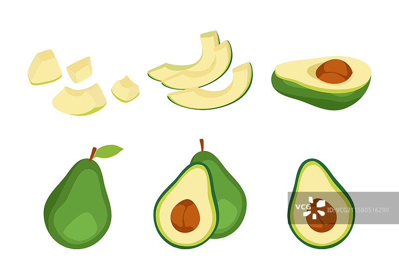 鳄梨整果与叶子、半个果实带种子图片素材