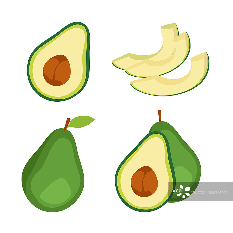 鳄梨整果与叶子、半个果实带种子图片素材