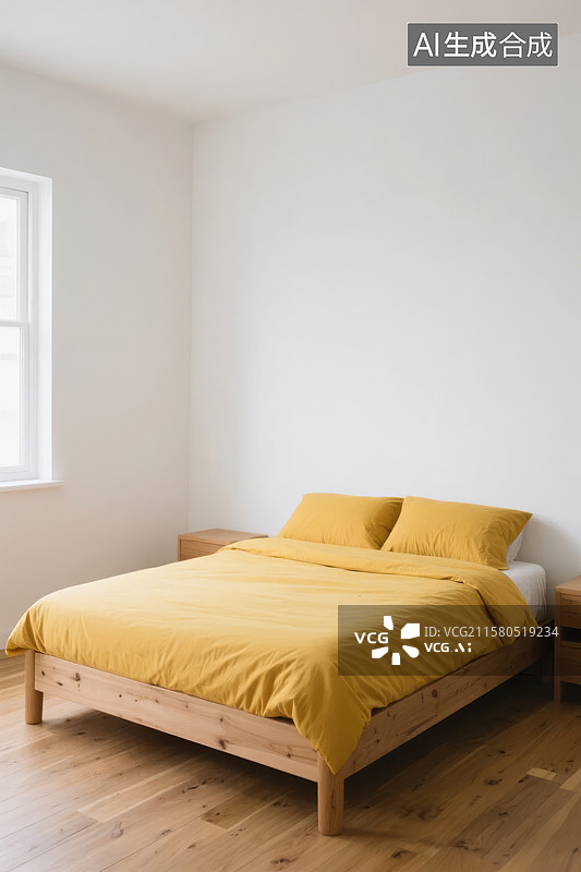 【AI数字艺术】简约卧室，木质床配黄色床品图片素材