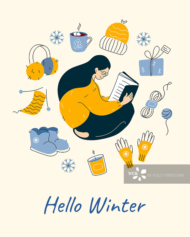 你好，冬天涂鸦贺卡或明信片图片素材