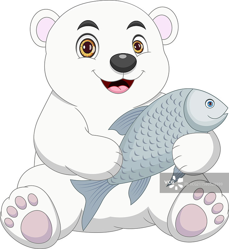 卡通小北极熊抱着一条大鱼图片素材