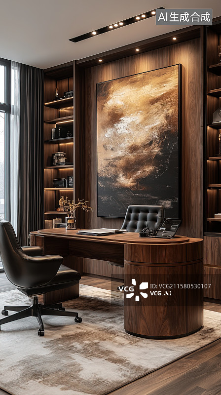 【AI数字艺术】公司经理办公室真皮座椅实木家具沉稳大气室内装饰装修设计图片素材