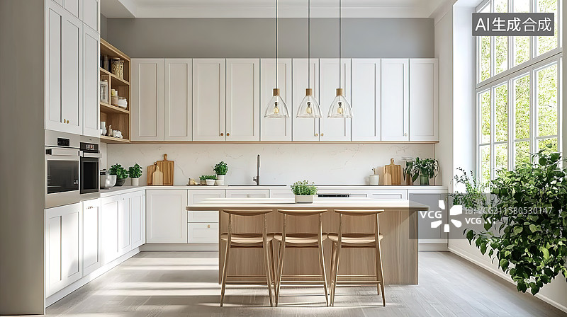 【AI数字艺术】现代风格奶油色厨房室内设计图片素材