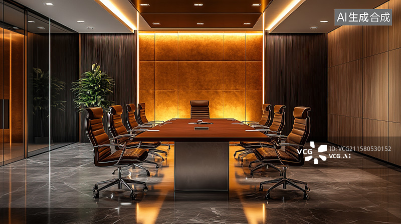 【AI数字艺术】公司高级会议室皮质座椅实木长桌室内装饰装修设计图片素材