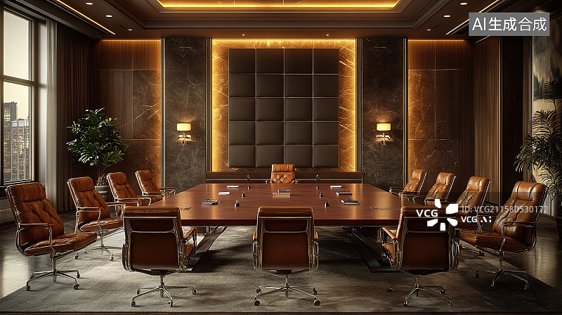 【AI数字艺术】公司高级会议室皮质座椅实木长桌室内装饰装修设计图片素材