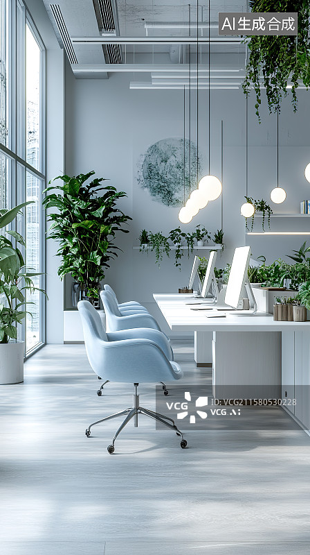 【AI数字艺术】浅灰色开放式公司简洁办公区室内装饰装修设计图片素材
