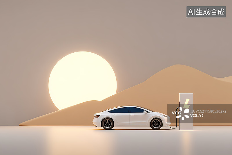 【AI数字艺术】太阳能清洁能源充电桩为电动汽车充电插画图片素材