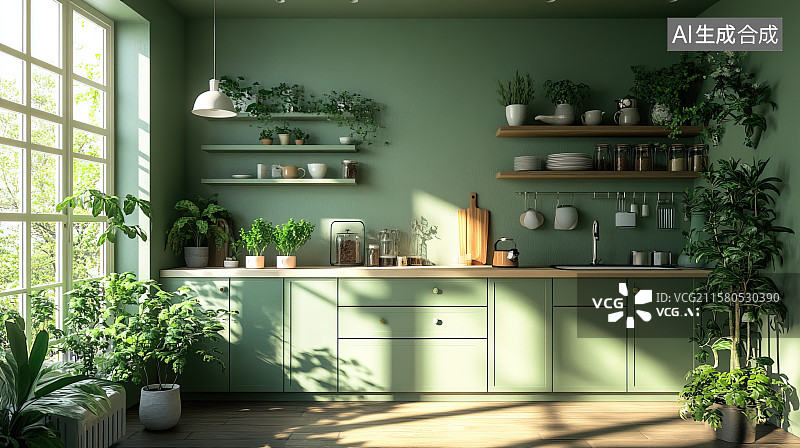 【AI数字艺术】公司商务茶水间绿色风格橱柜茶具装饰装修设计图片素材
