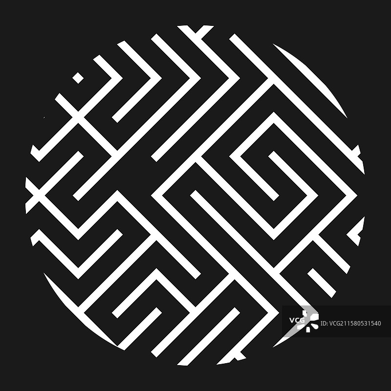 黑色背景上的白色细线圆形迷宫图案图片素材