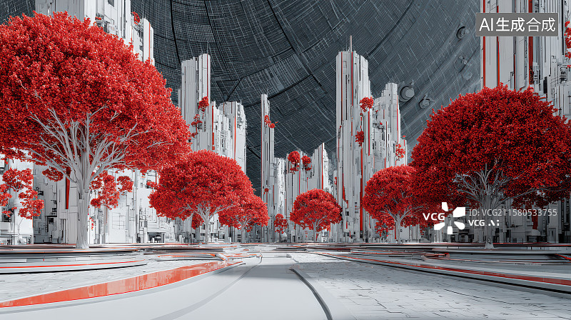 【AI数字艺术】赤韵未来：科幻都市的异色几何诗图片素材