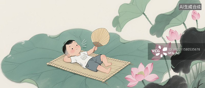 【AI数字艺术】男孩，凉席，荷叶，荷花，大暑图片素材