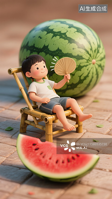 【AI数字艺术】微缩，男孩，西瓜，竹椅，大暑图片素材