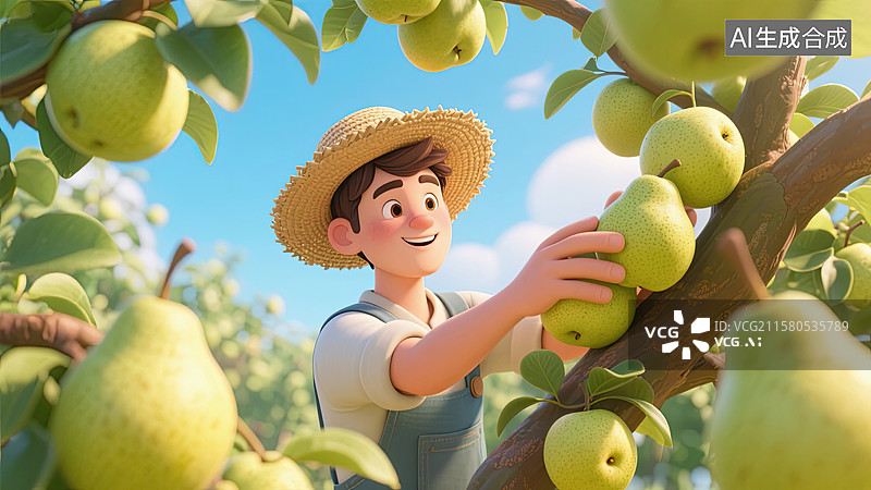 【AI数字艺术】3D，男孩，摘梨，丰收，插画图片素材
