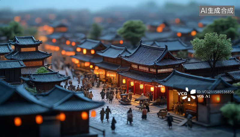 【AI数字艺术】清明上河图风格繁华古镇夜景图片素材