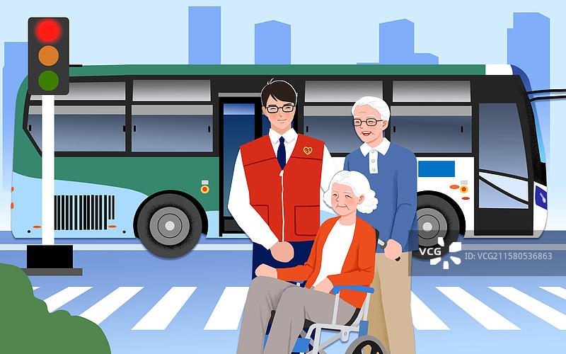 城市道路上帮助老年夫妇的志愿者图片素材