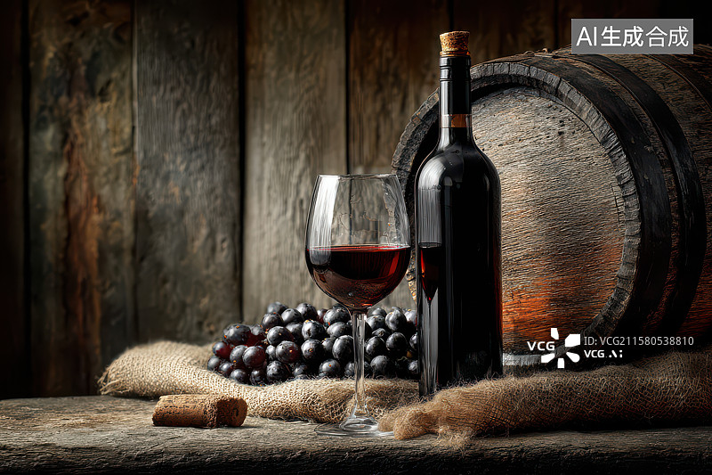 【AI数字艺术】酒窖中红酒与葡萄的古典陈设图片素材