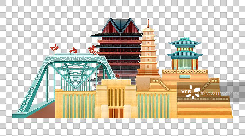 甘肃兰州城市地标建筑中山桥博物馆三台阁黄河楼白塔山插画元素图片素材