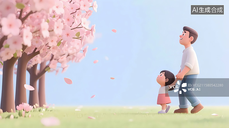 【AI数字艺术】一对父女在樱花树下抬头欣赏3D卡通留白背景图片素材