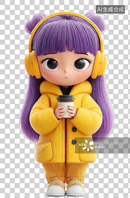 【AI数字艺术】紫色长发女孩手持咖啡杯图片素材