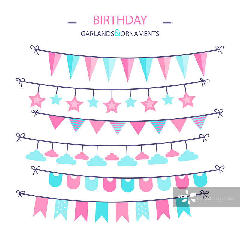 蓝色和粉色调的生日花环图片素材