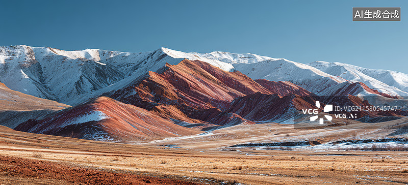 【AI数字艺术】雪山下的红土高原图片素材
