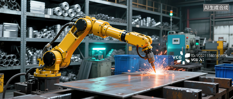 【AI数字艺术】工业机器人焊接金属板材图片素材