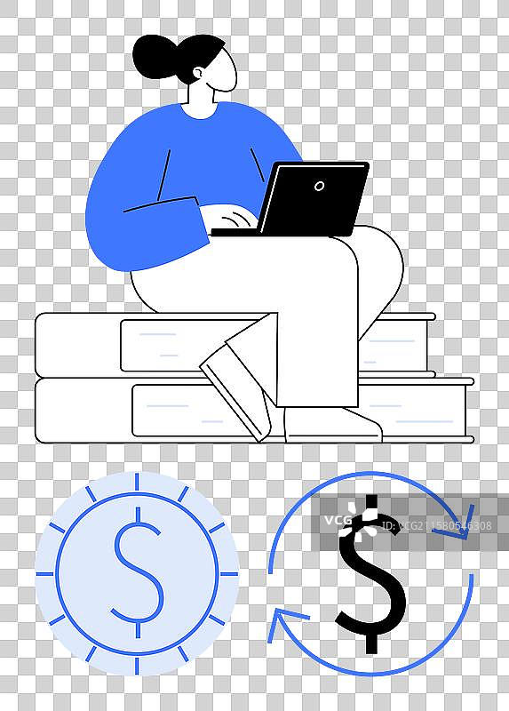 女人坐在书上使用笔记本电脑图片素材