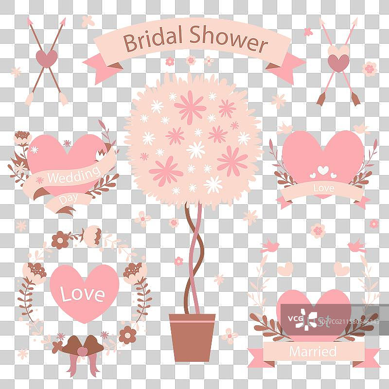 可爱的婚礼装饰品平面集合图片素材