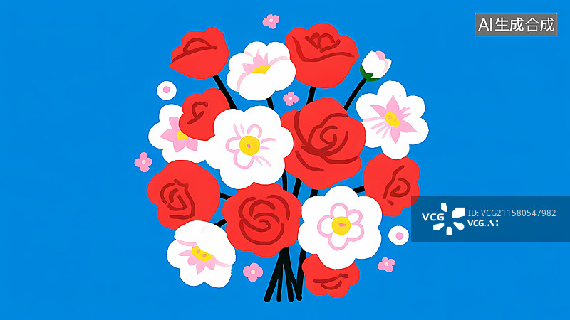 【AI数字艺术】一束玫瑰花2D卡通留白插画图片素材