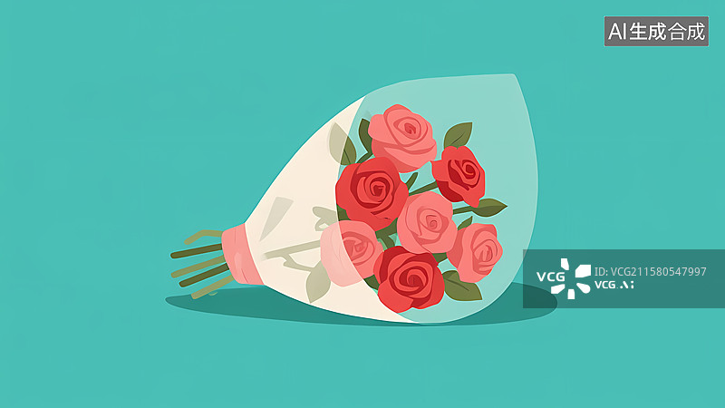 【AI数字艺术】一束玫瑰花2D卡通留白插画图片素材