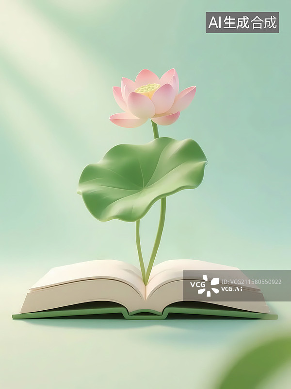 【AI数字艺术】书里长出荷叶荷花 3D立体卡通元素图片素材
